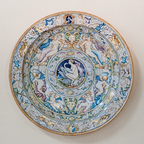Leda and the Swan Colored Glazed Ceramic Dish